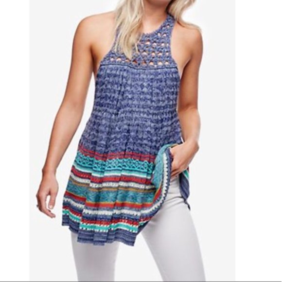 Free People Dresses & Skirts - Free People Blue/Red/Cream Crochet Rare Hearts Boho Tunic Mini Dress - size L